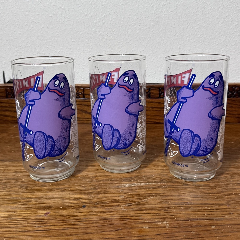 Vintage 1977 Set Of 3  McDonald's Grimace Action Series Glasses 5 7/8"